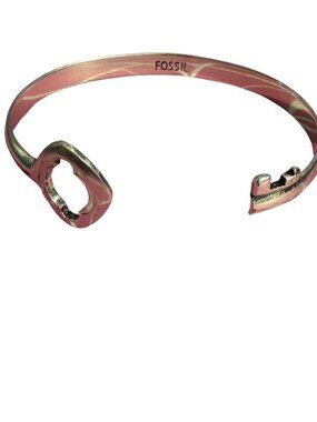 Fossil Silver Tone Open Cuff Skeleton Key Bracelet Minimalist Lock Stamped 7"